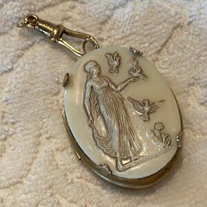 Vintage Large EMBOSSED IVORY& Brass LOCKET * Mythical Goddess & Birds * 2 photos